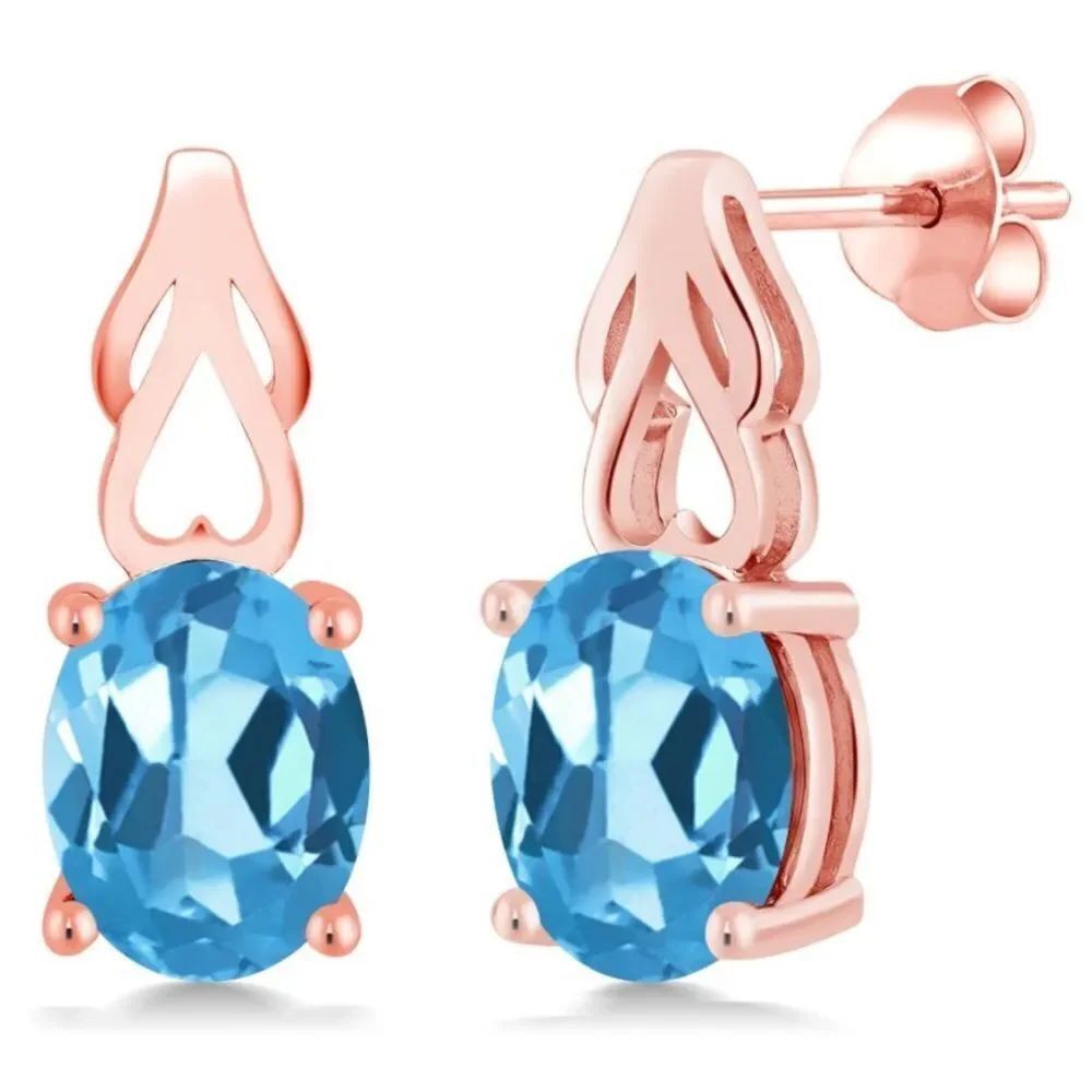 18K Rose Gold 925 with 3.60 Cttw Swiss Blue Topaz Oval Post Back Drop Earrings